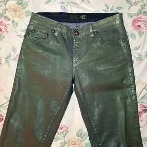 Roberto Cavalli green metallic leather jeans